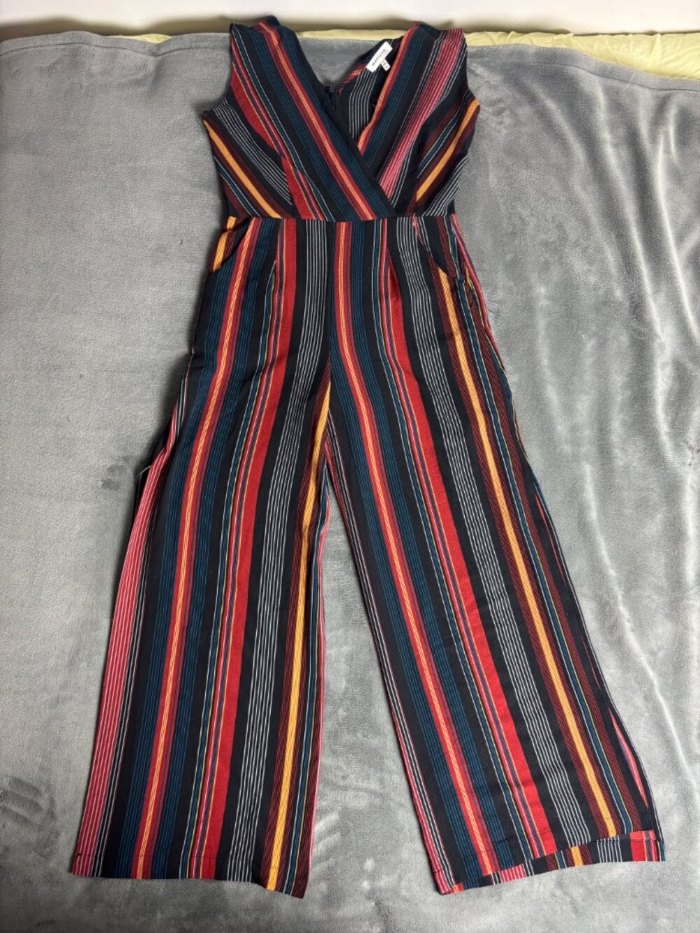 Monteau Women’s M Striped Wide Leg Jumpsuit Black Red Boho 70s Festival V Neck